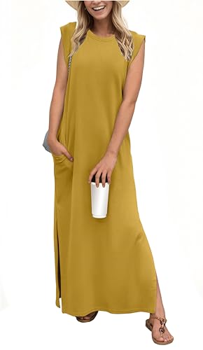 Image of GRECERELLE 2026 Women Year-Round Casual Round Neck Loose Split Wrinkle-Free Long Maxi Vacation Dress with Pockets (XXS-4XL)