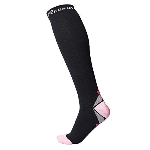 REEHUT Calcetines de Compresión Hombres y Mujeres Elásticos y Transpirable-Adecuado para Correr, Enfermería, Médico, Atlético, Edema, Viaje en Avión (20-30mmHg), 2 Pares - Rosa-S/M