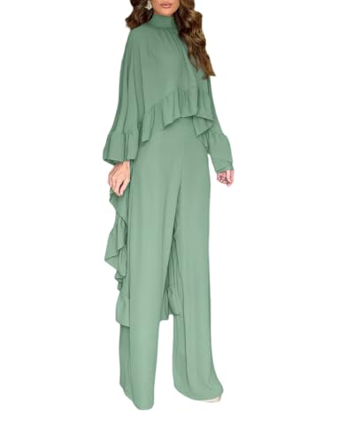 CHICME 2 Pieces Outfits for Women High-Low Ruffles Hem Cape Top and Casual Wide Leg Pants Matching Sets Fall Vacation Travel Outfits Green-XL