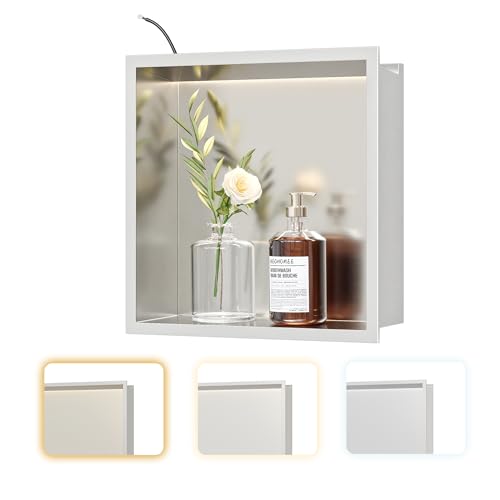 Neohomee Wandnische Dusche Edelstahl mit LED-Beleuchtung, Duschnische Einbau-Nische mit Farbtemperatureinstellung, Lagerung für Badezimmer, 30 x 30 cm