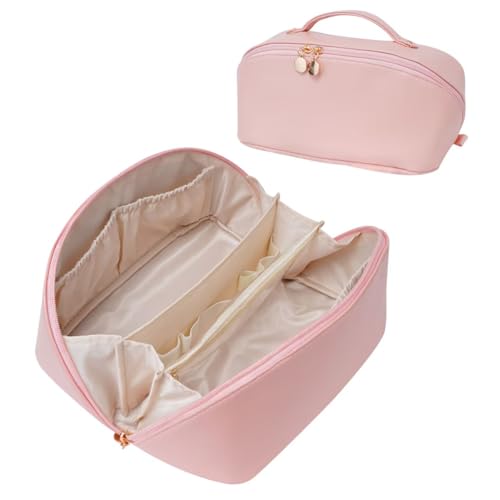 Large Capacity Cosmetic Bag for Women, Waterproof PU Leather Makeup Bag for Travel,Toiletry Bag Make up Organizer with Divider and Handle (Pink)