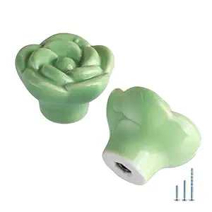TIECA.HW 6Pcs 1.4-Inch Flower Ceramic Drawer Knobs, Retro Green Floral Cabinet Knobs Handles for Nursery Kitchen Bathroom Girls Bedroom