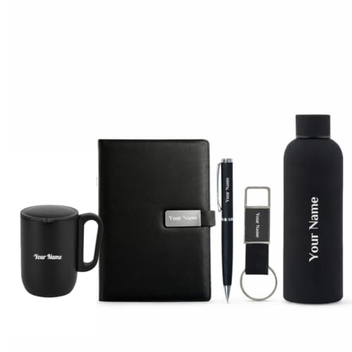 Image of Giftana 5 in 1 Personalized Diary and Pen with Bottle 500ml, Coffee Mug 180ml with Keychain Gift for Men Women, Customized Employee Welcome Kit Gifting Items, Corporate Gift for Employee (Black)