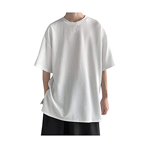 ZAFONIZAFONI Tropical Shirt, 2021 T-Shirts Men's Fashion Casual O-neck Side Button Solid Loose Half Sleeve T-shirt Top Korea Clothes Summer Tshirt (Color : White, Size : XL)