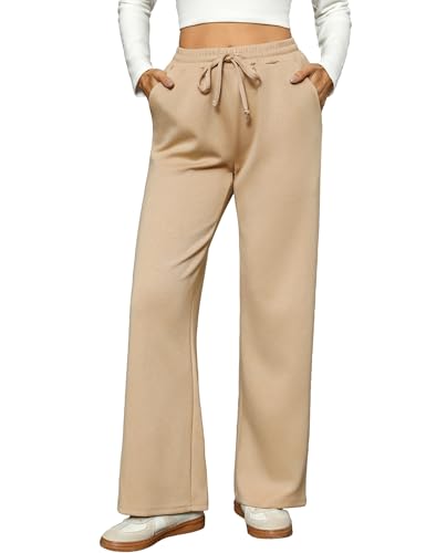 Totatuit Pantalón Ancho Mujer Cintura Elástica Alta con Cordón Pantalón Recto de Invierno con Bolsillos Cómodo Casual Caqui，L