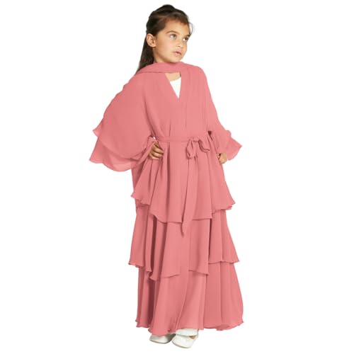 IDOPIP Muslim Girls Abayas Dress for Kids Long Sleeve Chiffon Islamic Kaftan Robe Open Front Cardigan Prayer Dress with Hijab