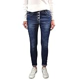 boyfriend hose stoff Webtyp: Gewebt Jewelly Damen Stretch Jeans Boyfriend Hose mit sichtbarer Knopfleiste Dunkle Used Denim Waschung (Dark Blue, L)