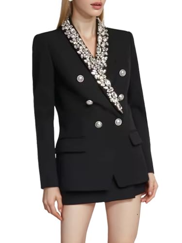 Women's Elegant Blazers Solid Spliced Diamonds V Neck Long Sleeve Double Button Casual Blazer Office Ladies Jacket