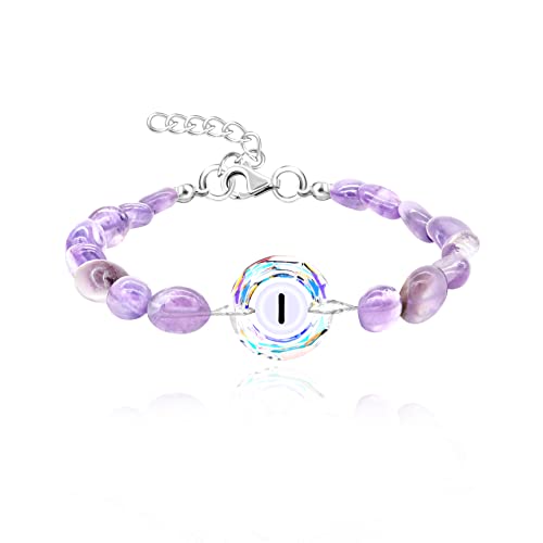 Image of Uloveido Purple Natural Stone and Austrian Crystal Letter Bracelet, Personalized Initial Jewelry for Women A-Z 26 Letters