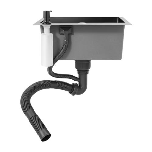 Fregadero negro 40 x 45 cm, de acero inoxidable con grifo giratorio 360°, incluye grifo de cocina, dispensador de jabón, juego de desagüe y recubrimiento, color negro