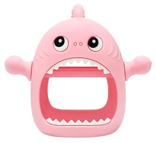 Image of Cute Shark Teething Mitten Toy for Babies, Never Drop Silicone Baby Teether, Hand Pacifier for Babies to Suck and Chew, (Pink)