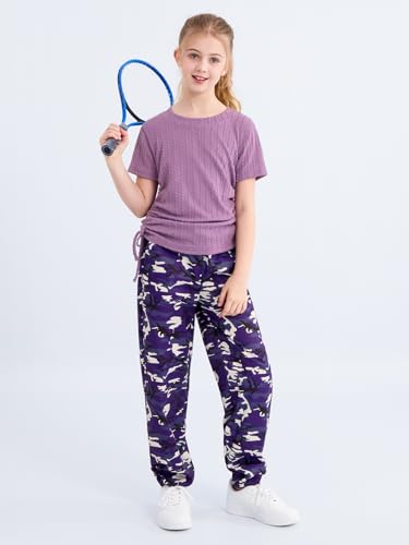 Image of ESHOO Teen Girls 2 Piece Outfits Kids Girls Ruched Drawstring Ribbed Knit Short Sleeve T Shirt Camouflage Pants Clothing Set