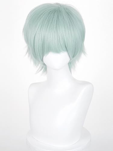 Image of Half and Half Short Light Green Anime Male Wig for Till Cosplay Green Wigs with Bangs for Men Light Teal Spiky Layered Wigs for Unisex Women Halloween Party Costumes