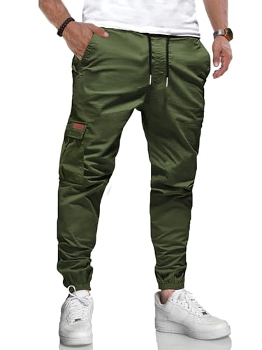 LIUPMWE Pantalones de Trabajo Hombre Casuales Deportivo Elásticos Pantalón Jogging Hombre Algodón Slim Fit con Bolsillos Cargo Pants con Cordón,Verde-05,L