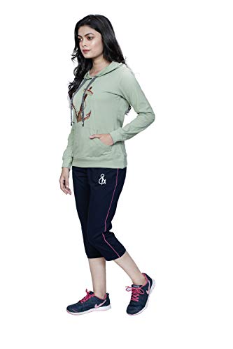 Image of Women's Embroidered /Printed Cotton Hooded Full Sleeve Grey Top and Black Capri Set (Medium)