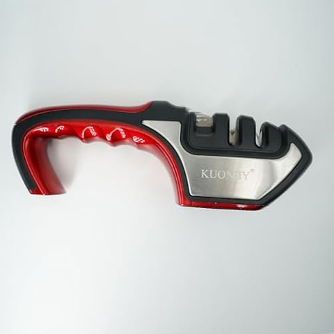 KUONIIY Sharpener, a Three-Stage Sharpener that Helps Repair, Restore, and Polish Blades, Red and Black. Cover