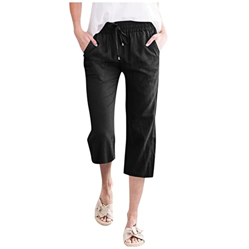 Capri Pants for Women Casual Cotton Linen Summer Pants Drawstring Elastic Waist Cropped Wide Leg Trousers Plus Size Capris2