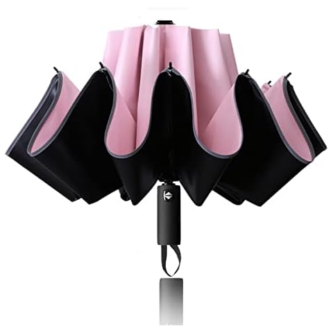 77Mall 10 Ribs Inverted Folding Umbrella Windproof Travel Portable Reverse Umbrella with Reflective Stripe Auto Open and Close for Women Men Travel Outdoor (Pink) Cover