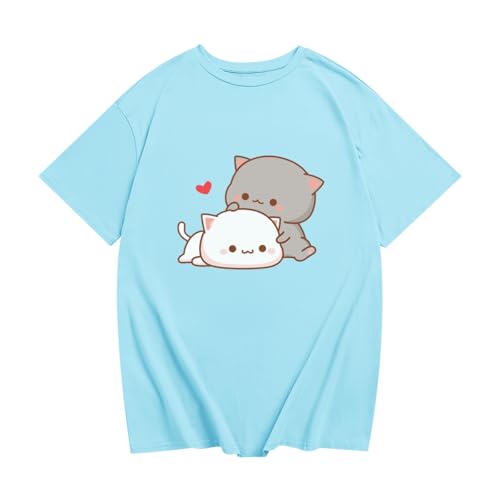 Image of KEEVICI Cute Cat Shirts for Girls Graphic Tees Kids Kawaii Cartoon Animal Print T Shirt Summer Cotton Short Sleeve Tops