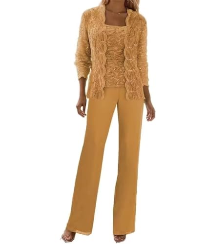 Image of 3 Pieces Chiffon Lace Mother of The Bride Pant Suits with Jackets Sequins Wedding Guest Dresses for Women