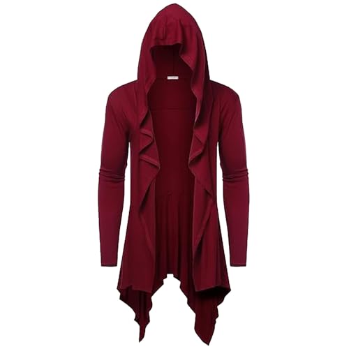 Mens Long Hooded Cardigan Ruffle Shawl Collar Open Front Lightweight Drape Cape Overcoat with Pocket Gothic Outwear