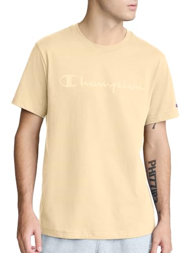 Image of Champion Men's Graphic Short Sleeve T-Shirt, Standard Fit, Tonal Script Logo, Midweight 100% Cotton