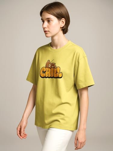 Image of HELLCAT Beige Trendy Printed Oversized T-Shirt for Women