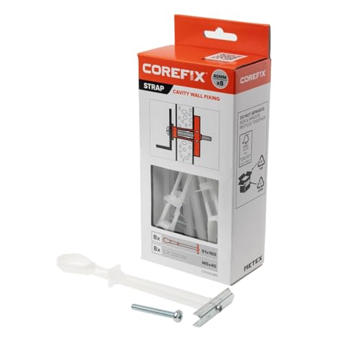 Corefix Strap Toggle Wall Anchor 8 Pack (M5x40mm), Heavy Duty Metal Universal Toggle for Drywall, Hollow Brick or Block. Secure Hold, Easy to Install & Adjustable Up to 1.3 Inches Deep.