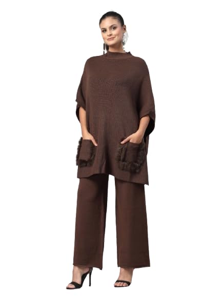 mafadeny Women's High-Neck Poncho with Faux Fur-Trimmed Pockets-picture-25