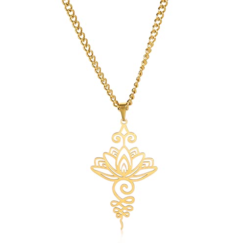 VASSAGO Collier pendentif fleur de lotus Acier inoxydable Unalome Collier Lotus Symbole Chakra Pendentif Lotus Géométrie Hindou Bijoux Spirituels Cadeau pour...