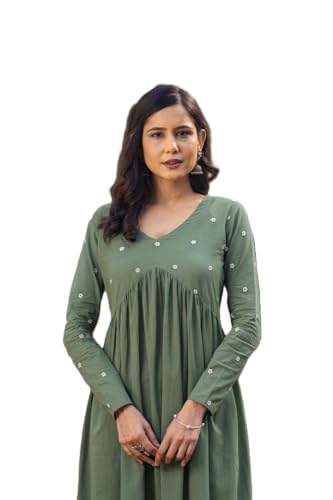 Image of Women's Dhanna Fashion Long Cut Salwar Suit with White Polka Dots,Full Sleeves, V-Neck,, Rayon
