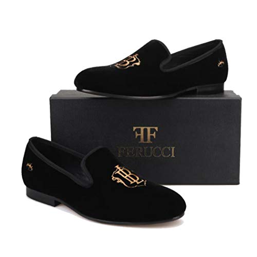 FERUCCI Handmade Men Black Velvet with Embroidered -BL- Bachelor Life Slippers Loafers Flats2