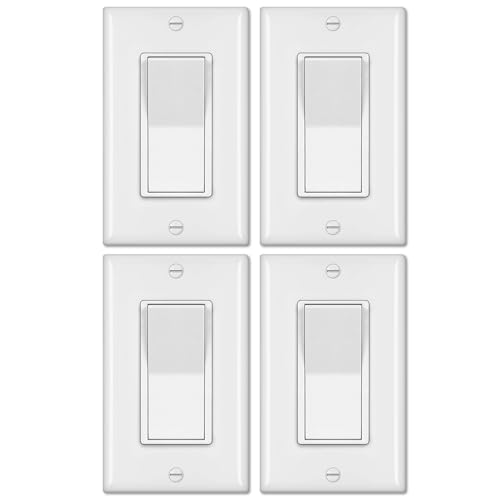 BESTTEN 4 Pack 4-Way Decorator Wall Light Switch with Wallplate 15A 120/277V On/Off Paddle Rocker Interrupter Self-Grounding UL Listed White