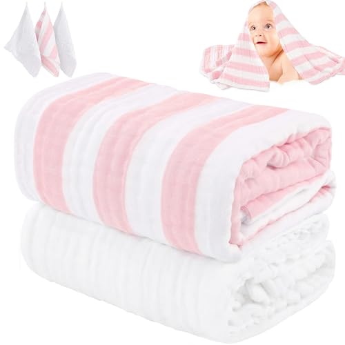 Image of HardNok Muslin Baby Towel 5 Pieces Set, 100% Organic Cotton, Soft & Absorbent for Newborns to Toddlers, Baby Registry or Shower Gift (Pink Striped)
