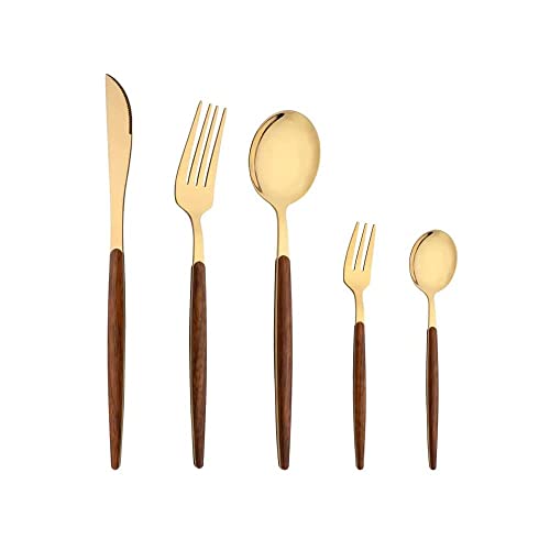 Image of aDai 5 pcs Golden Flatware Cutlery Set - Stainless Steel with Wooden Handle Tableware Set - 2 Spoons, 2 Forks & 1 Steak Knife
