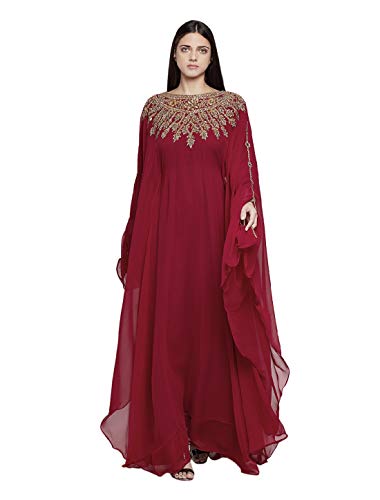 Women Dubai Kaftan Farasha Caftan Long Maxi Dress Free Size Maroon Long Sleeves Evening Dress with Free Scarf (SNM1030MR)