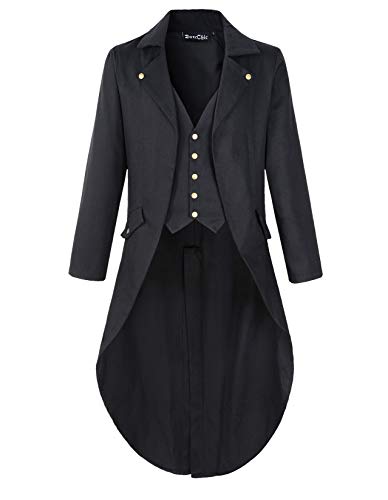Mens Gothic Tailcoat Jacket Black Steampunk VTG Victorian Coat (3XL/L, Black/brassy button)