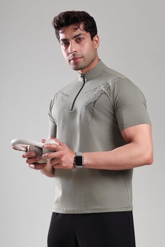 Image of GROW Stylish Gym T Shirts for Men Workout | Cotton and Spandex Quarter Zip Back Printed Collar T Shirts for Men Half Sleeves