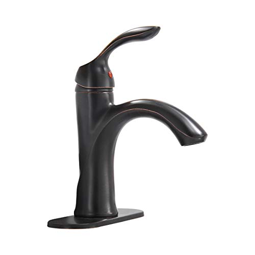 Homevacious Bathroom Sink Faucet Single Handle Oil Rubbed Bronze Bath Stream Lavatory Vanity One Hole Lever Basin Mixer Tap Deck Mount Low-Arc Long Spout Commercial Supply Hose Lead-Free