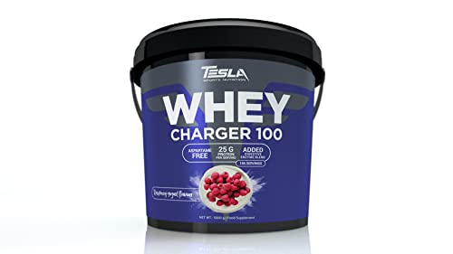 TESLA SPORTS NUTRITION Whey Charger 100 Proteinpulver – Raspberry-Yoghurt Geschmack im 2.270g Behälter – 24g hochwertiges Protein und nur 3,52g Kohlenhydrate pro Portion – 70 Portionen