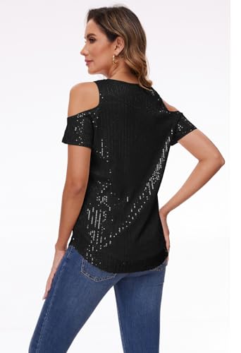 Womens Sparkly Sequin Top V Neck Cold Shoulder Glitter Short Sleeve Dressy Party Blouse Shirts4