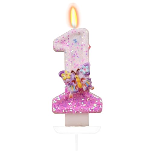 Tourima Kerze 1 Jahr Mädchen & Junge – Zahlenkerze Schmetterling Rosa Glitter, Tortendeko 1 Geburtstag, Kuchendeko Erster Geburtstag, Geburtstagskerze Kinder, Rosa Kerzen Birthday Candles