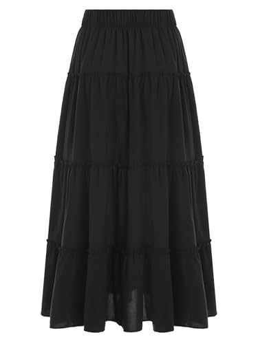 Versatile A-Line Midi Skirt for Womens Elastic Waist Ruffled Tiered Swing Skirts Outfit4