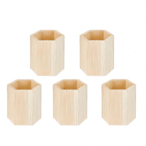 KIPONURA 5 Pack Wooden Pencil Holder Cups, DIY Desk Organizer, 3.9in