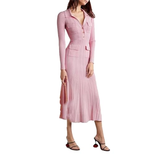 Hndudnff Women's Lapel Slim Fit Knitted Midi Dress Waisted Office Long Dress2