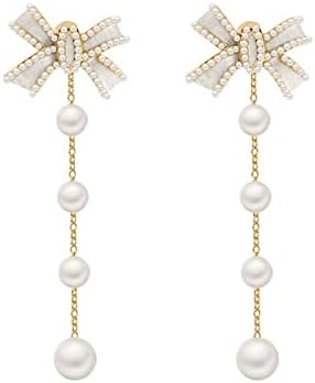 Long Bow Pearl Drop Earrings for Women, Gold Plated Pearl Dangle Earrings, Hypoallergenic Elegant Gold Pearl Tassel Earring for Girls, Bow Pearl and Diamond Stud Earrings, Birthday Gift
