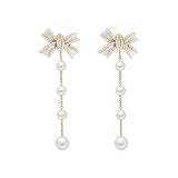 Long Bow Pearl Drop Earrings for Women, Gold Plated Pearl Dangle Earrings, Hypoallergenic Elegant Go
