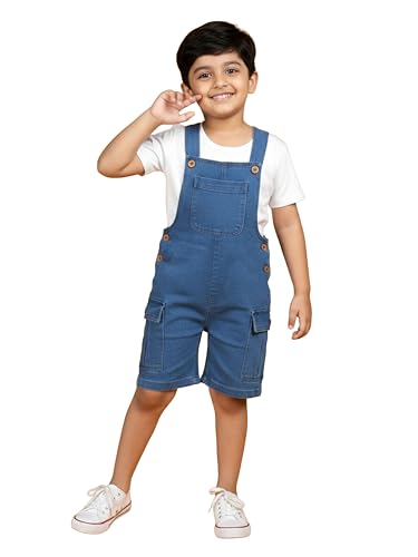 Image of KiddoPanti Unisex Denim Cargo Dungaree Shorts | 69.1% Cotton 29% Spun Poly 1.9% Spandex | Above Knee Length | Soft Breathable Summer Dungaree