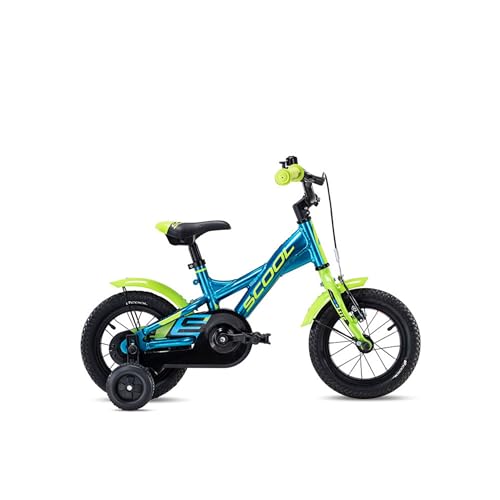 S'COOL XXlite 12 Zoll Kinderfahrrad 1 Gang, Alu Rahmen, tiefer Einstieg, Stützräder, Rücktrittbremse + V-Brake, geschl. Kettenschutz, für Mädchen & Jungen, 95–103 cm, 2–3 Jahre, Blue/Lime