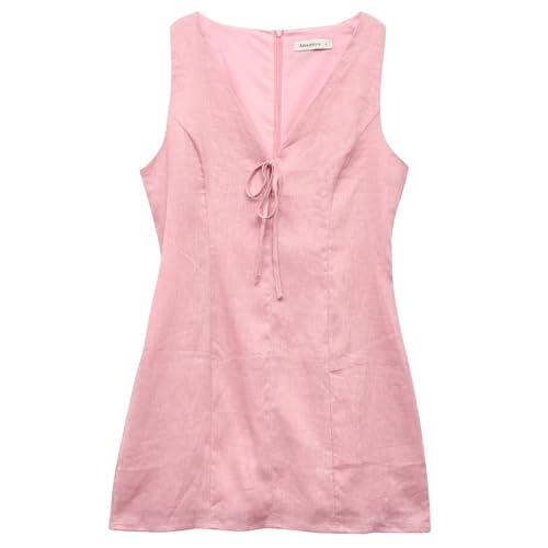 Image of Amazhiyu Womens 100% Linen V Neck Tie Front Mini Tank Dress | Sleeveless Short Dresses, A Line, Plunging Neckline, Lined, No Pocket, Vacation Vibe, Summer Outfits